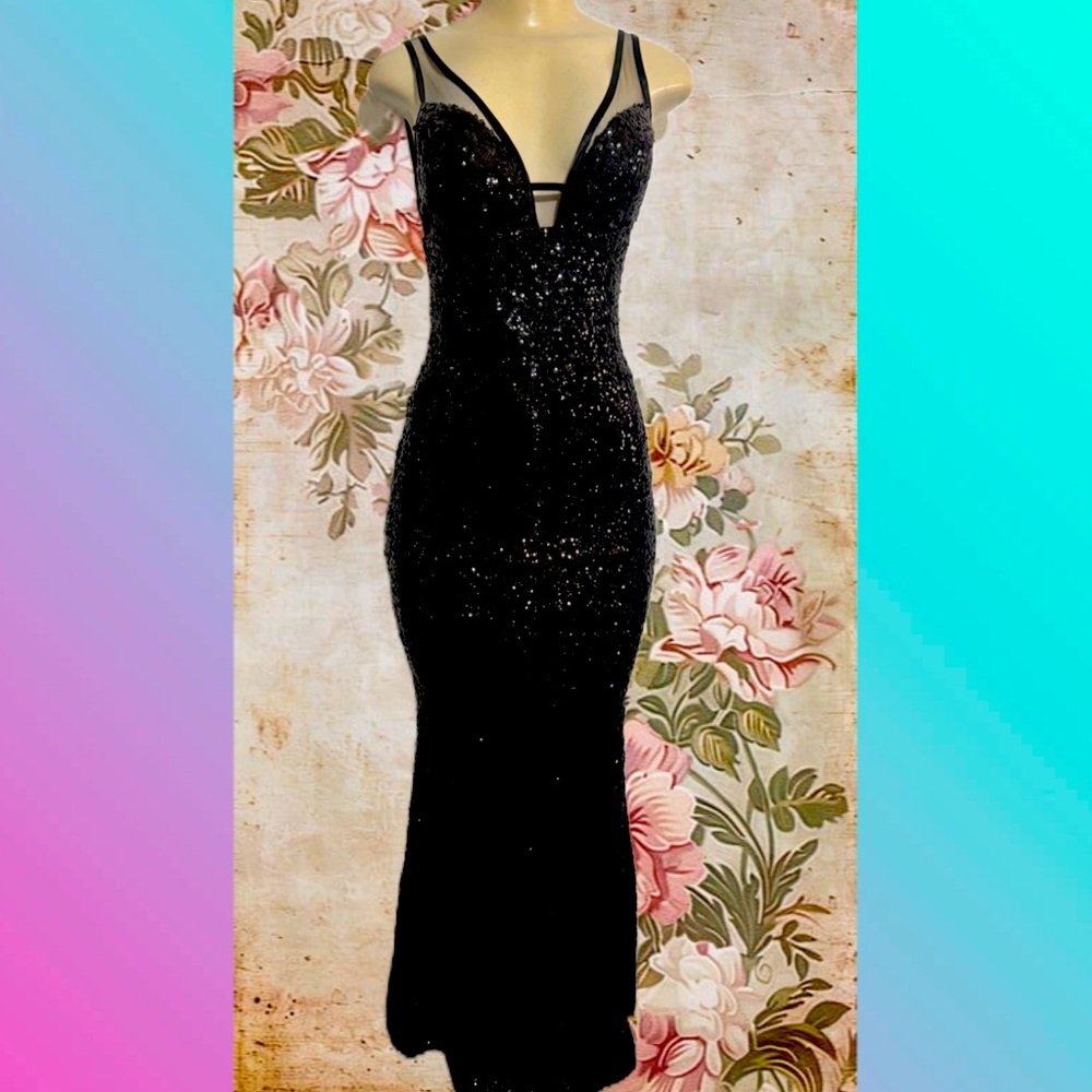 Faviana Strapless Black Sequin Gown